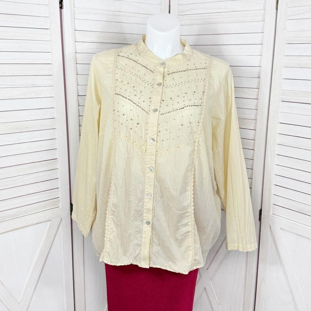Cottagecore Boho Liz Claiborne Beaded Oversized Button Up Shirt Cream 1 14W 16W